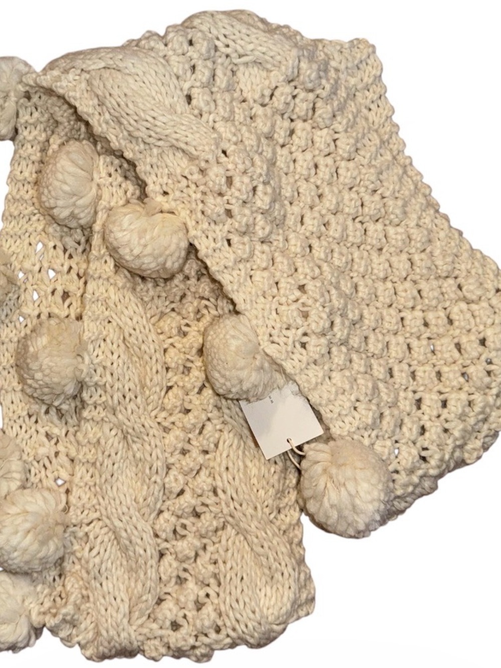 NWT Look by M Cream Chunky Cable Knit Pom Pom Scarf Oversized Winter Wrap